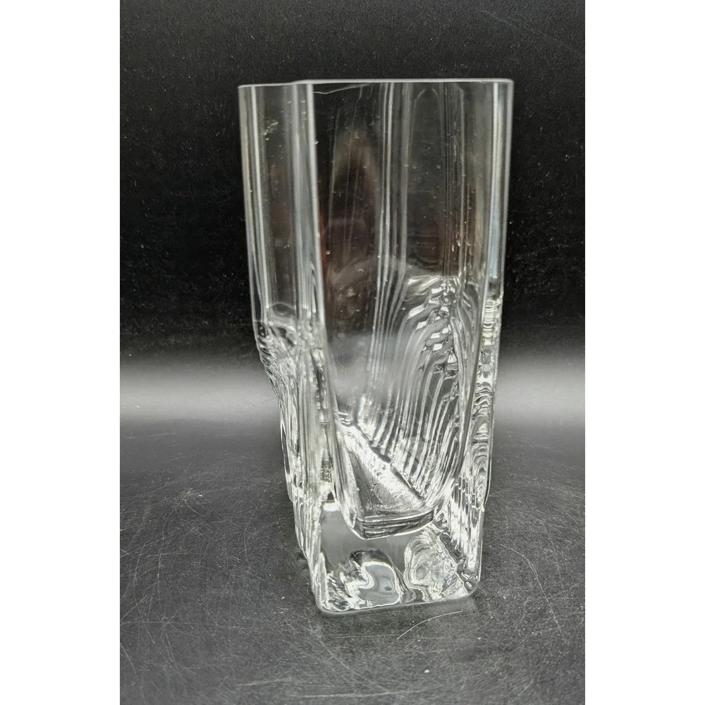 Vintage Brutalist Iittala Sointu Ice Glass Vase Heavy Rectangular Art Glass MCM